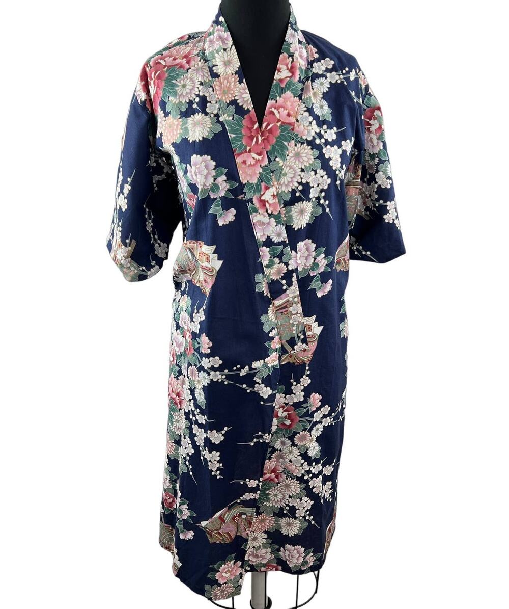 Oriental Bazaar Japan Made Blue Floral Cotton Kimono Robe Short Sleeve 40" OS